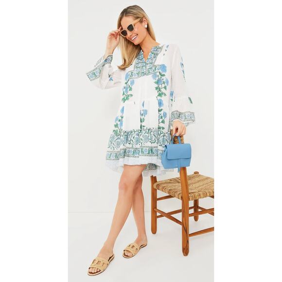 JULIET DUNN Tuckernuck White Poppy Flared Sleeve Cotton Mini Dress Block Print - Picture 1 of 11